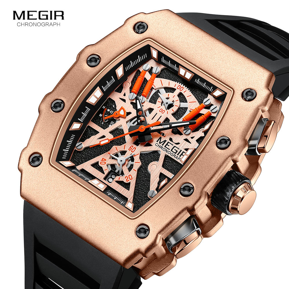 MEGIR Analog Chronograph Quartz Watch Men Rose Gold Waterproof Luminous Sport Wristiwatch with Silicone Band Date Tonneau Dial