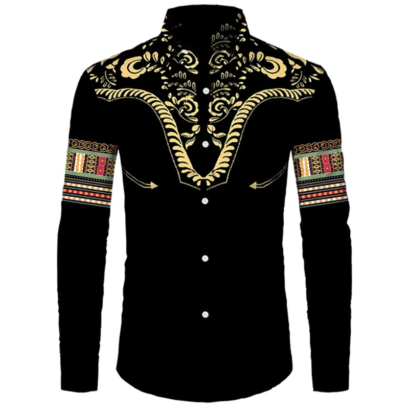 Colorful African Pattern Hawaiian Shirts For Men Retro Ethnic 3D Printed Blouse Casual Loose Aloha Shirts Long Sleeves Tops