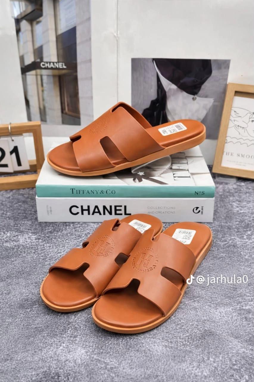 Chanel-Style Grey Leather Slide Sandals