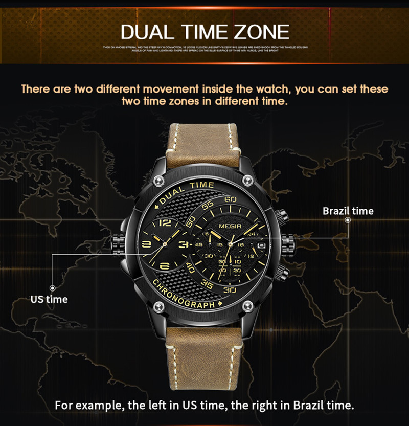 MEGIR Men's Casual Chronograph Luxury Leather Strap Quartz Sport Wristwatch Clock Waterproof Man Business Watches Reloj Hombre