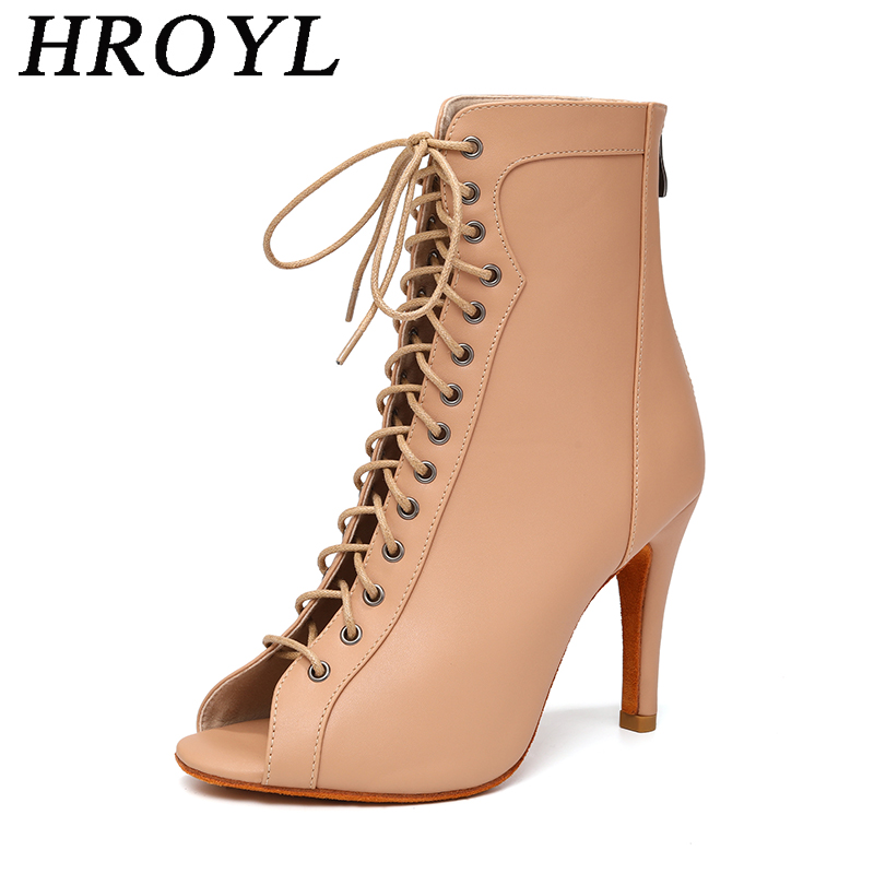 HROYL High Heel Dance Shoes Woman Beige Black Latin Dance Booties Women Open Toe Lace Up Stiletto Boots for Girls Suede Sole