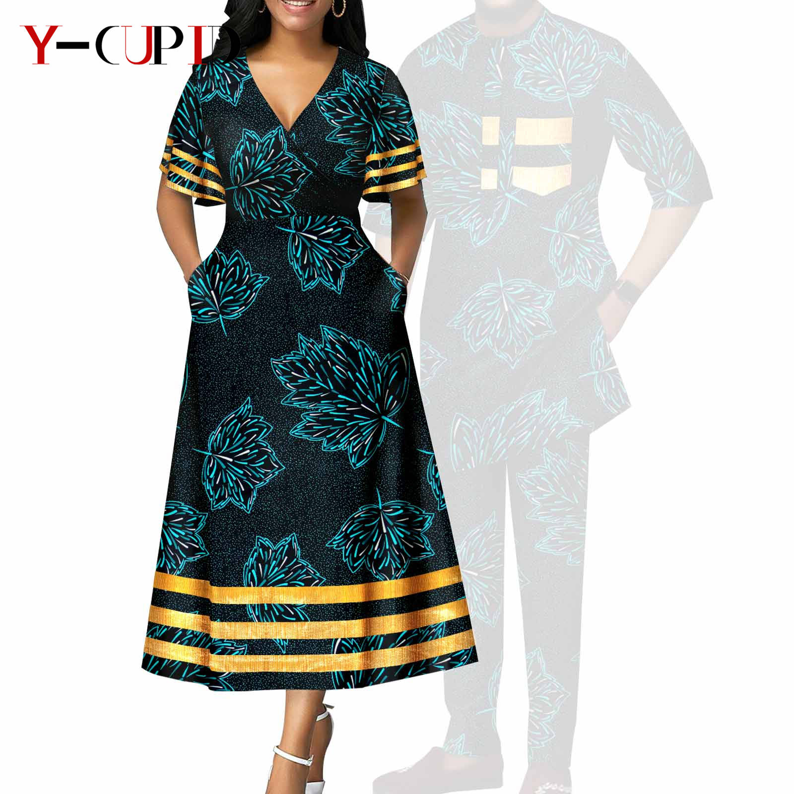 African Print V-neck Dresses for Women Couple Matching Men Outfits Top and Pant Sets Dashiki Bazin Riche Lover Outwear Y23C086