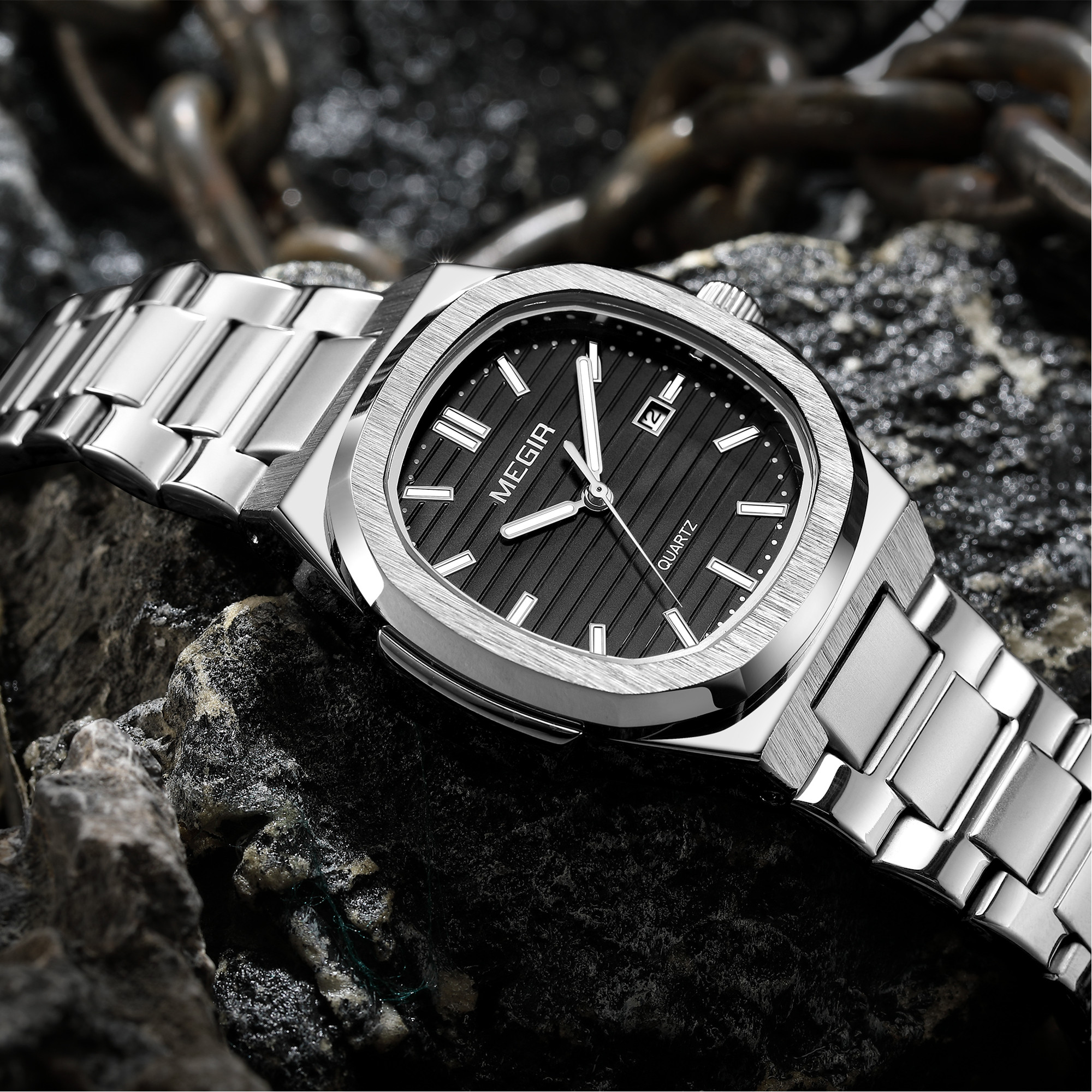 MEGIR Classic Stainless Steel Bracelet Quartz Watch for Men Waterproof Calendar Business Leisure Wristwatch Big Dial Clock 1084