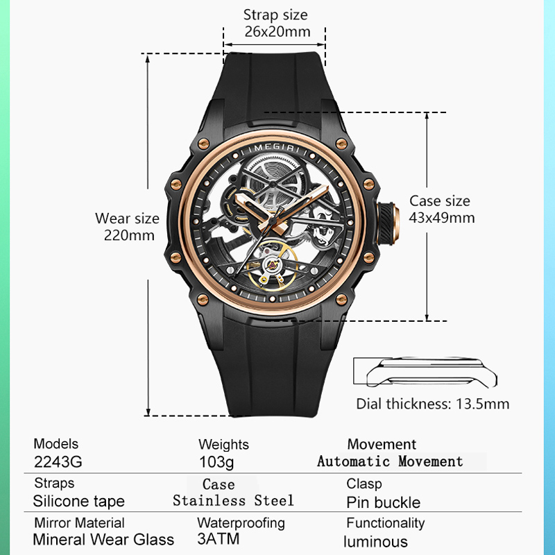 MEGIR Automatic Mechanical Luxury Watch Men Top Brand Stainless Steel 43mm Dial Watch Luminous Waterproof Men's Wristwatch