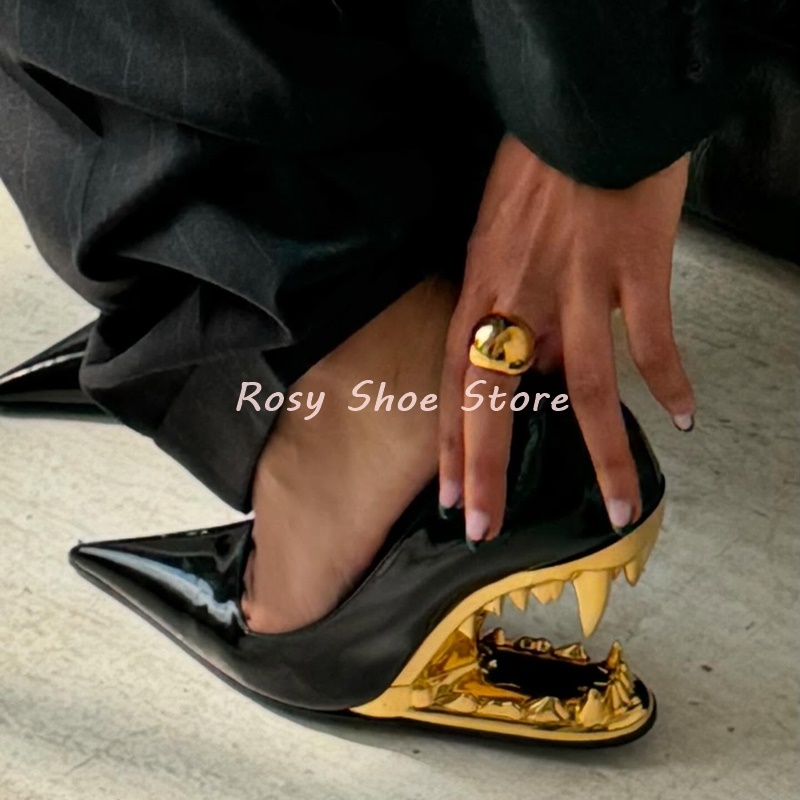 Women's Glossy Patent Leather Strange Style Heel Pumps Pointed Toe Slip On High Heel Street Weird Style Catwalk Shoes