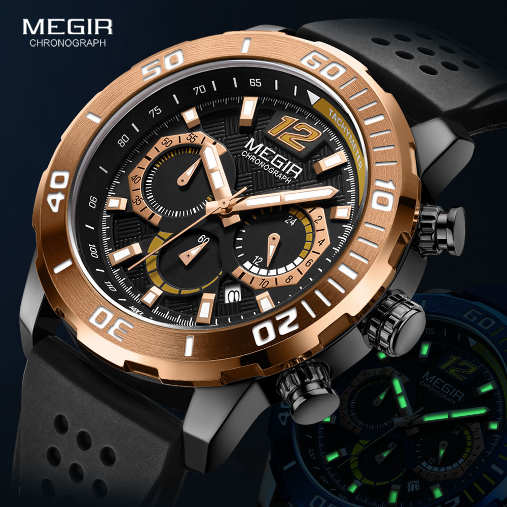 MEGIR Silicone Strap Miliary Sport Watches Men Waterproof Luminous Chronograph Quartz Watch Man Brown Reloj Relogio мужские часы