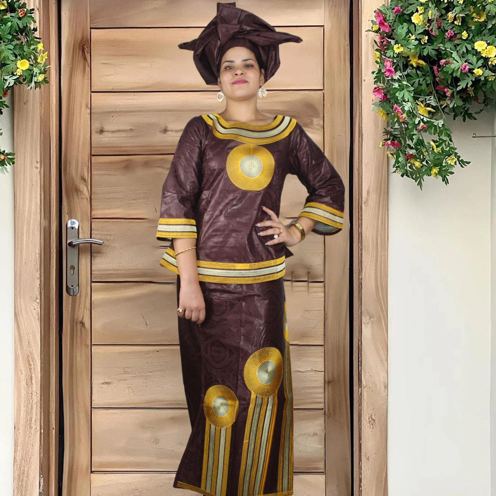 African Attire For Women Bazin Riche Embroidery Plus Size Elegant Party Church Dress