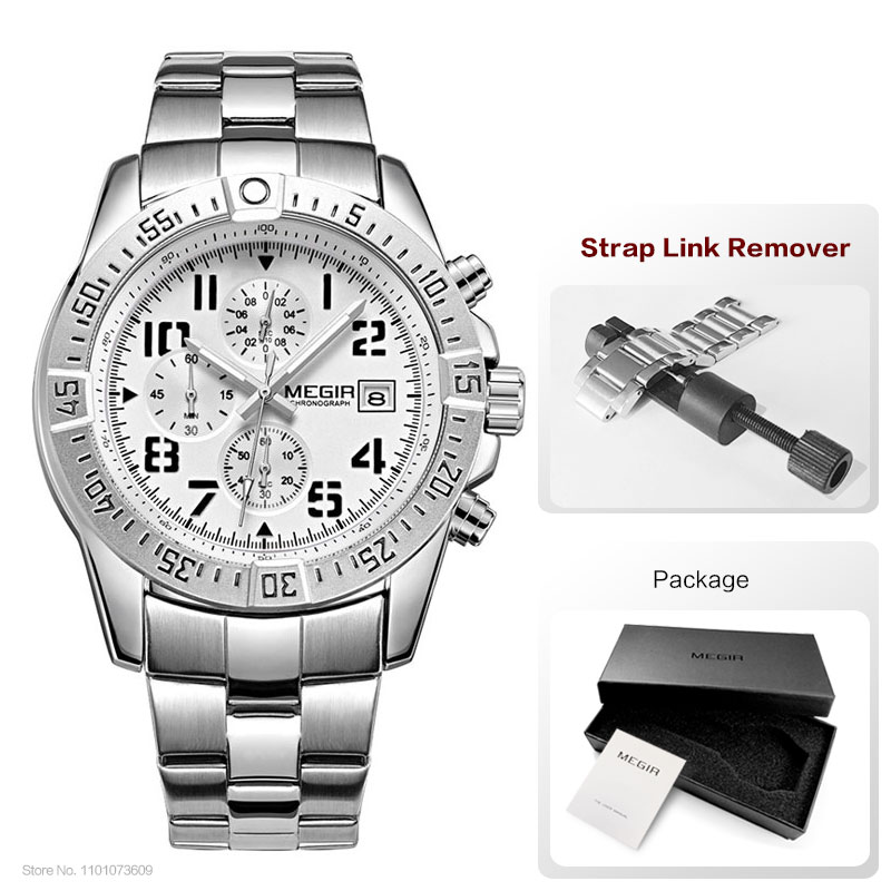 Megir Mens Chronograph Stainless Steel Quartz Watches Fashion Waterproof Luminous Round Dial Wristwatch for Man with Date M2030