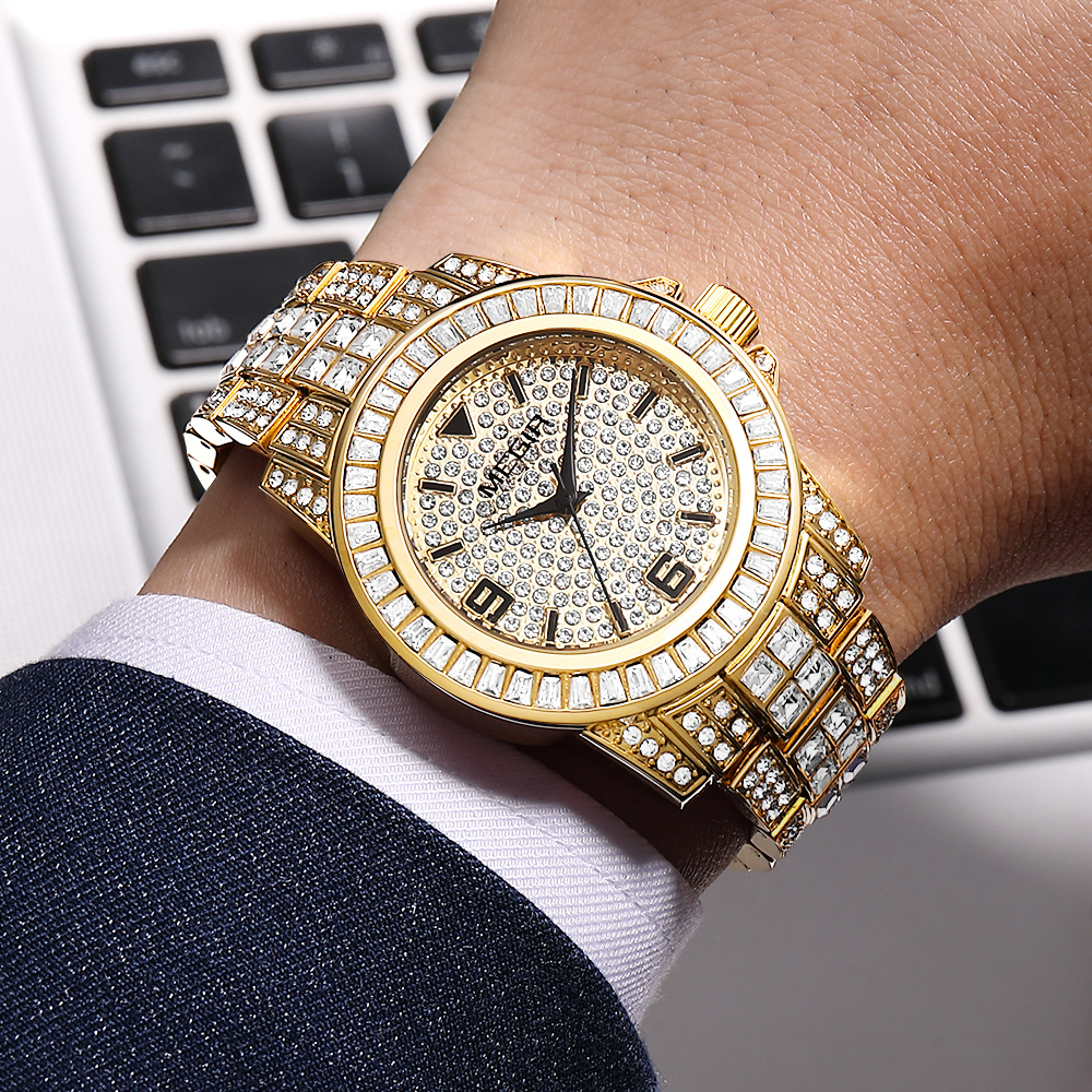 MEGIR Quartz Watch for Men Luxury Diamonds Golden Watch Man Waterproof Rhinestone Wrist Watch Business Men's Steel Band Watches