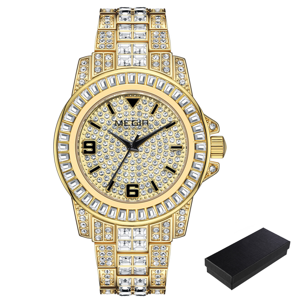 MEGIR Quartz Watch for Men Luxury Diamonds Golden Watch Man Waterproof Rhinestone Wrist Watch Business Men's Steel Band Watches