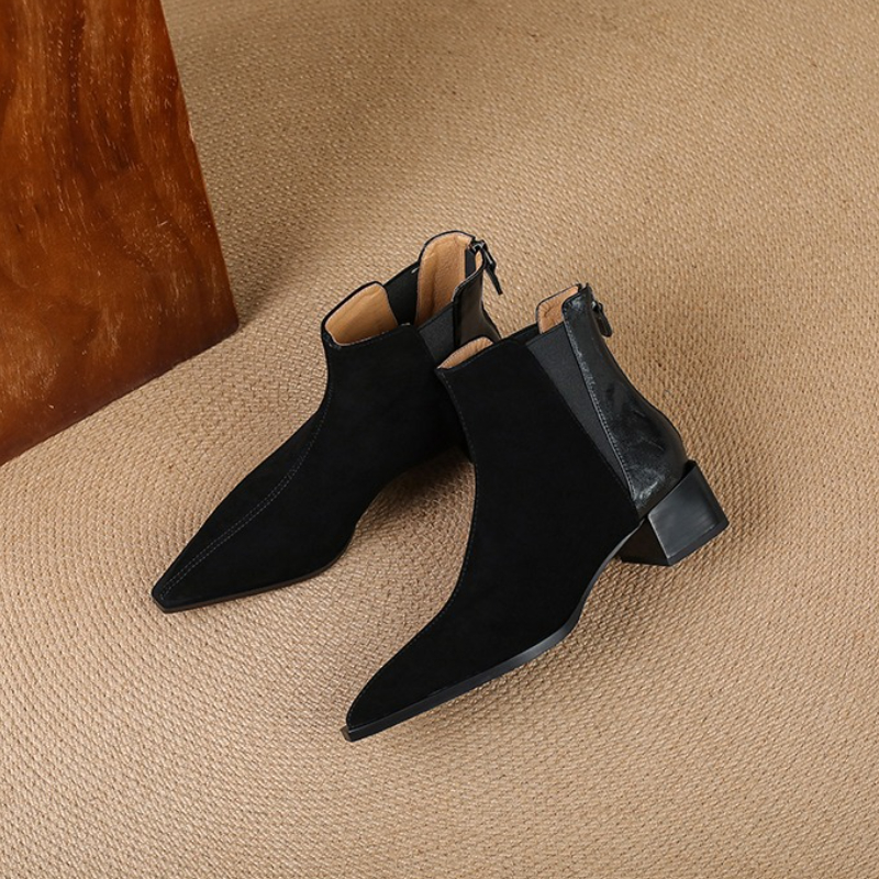 Autumn Winter Women Thick Heel Ankle Boots Elegant Back Zippers Shoes Modern Leather Suede Splicing Short Botas Para Mujer