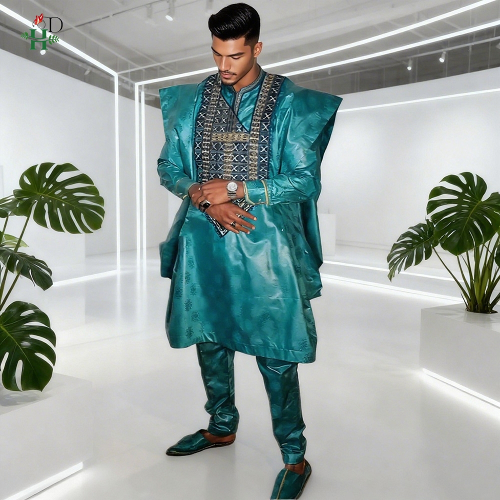 African Traditional Wear Formal Attire Bazin Riche Dashiki Thobe Green 3PCS Shirt Pant Robe Suit Agbada Men's Wedding Party 2025