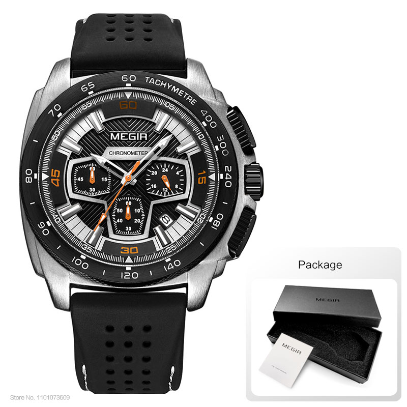 Megir Men's Army Sports Chronograph Quartz Watches Silicone Band 24 Hours Military Waterproof Wristwatch for Man 2056GS-BK-1