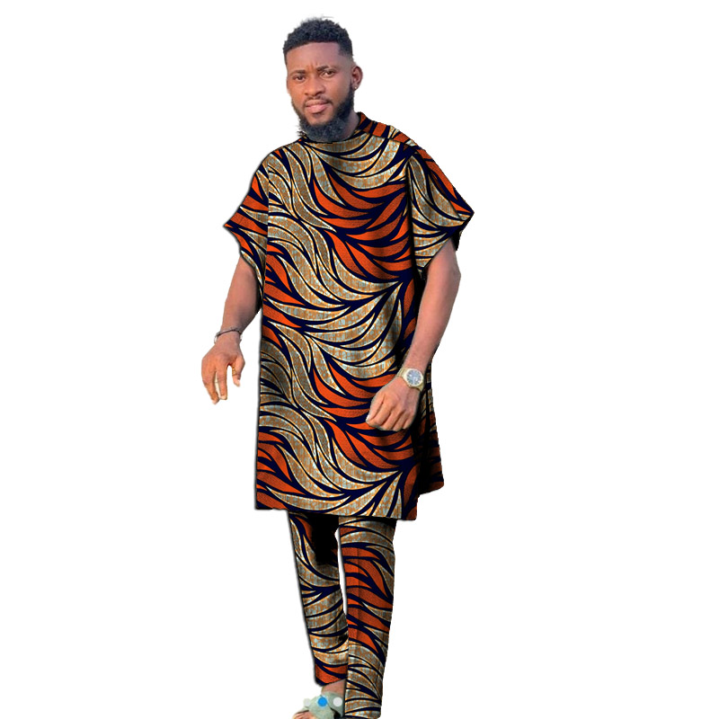 Short Sleeves Men Set Nigerian Style Colorful African Couture Dashiki Tops With Pant Groom Suit Male Traditional Garment