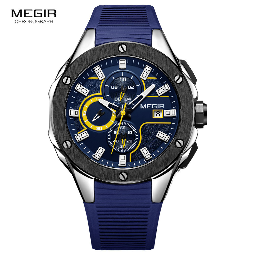 MEGIR Men's Sports Chronograph Quartz Watches Silicone Strap Luminous Waterproof Army Military Wristwatch Man Relogios 2053 Blue