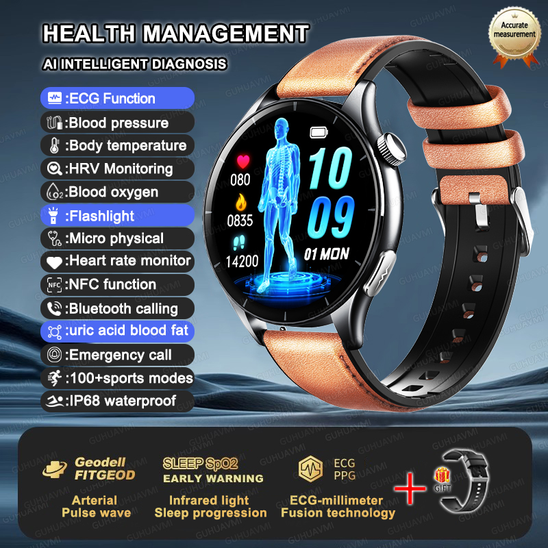 2025 New NFC  Health MonitorUric Acid Blood Pressure Blood oxygen Body Analysis Smart Watch ECG+PPG Clock Smartwatch Men lady