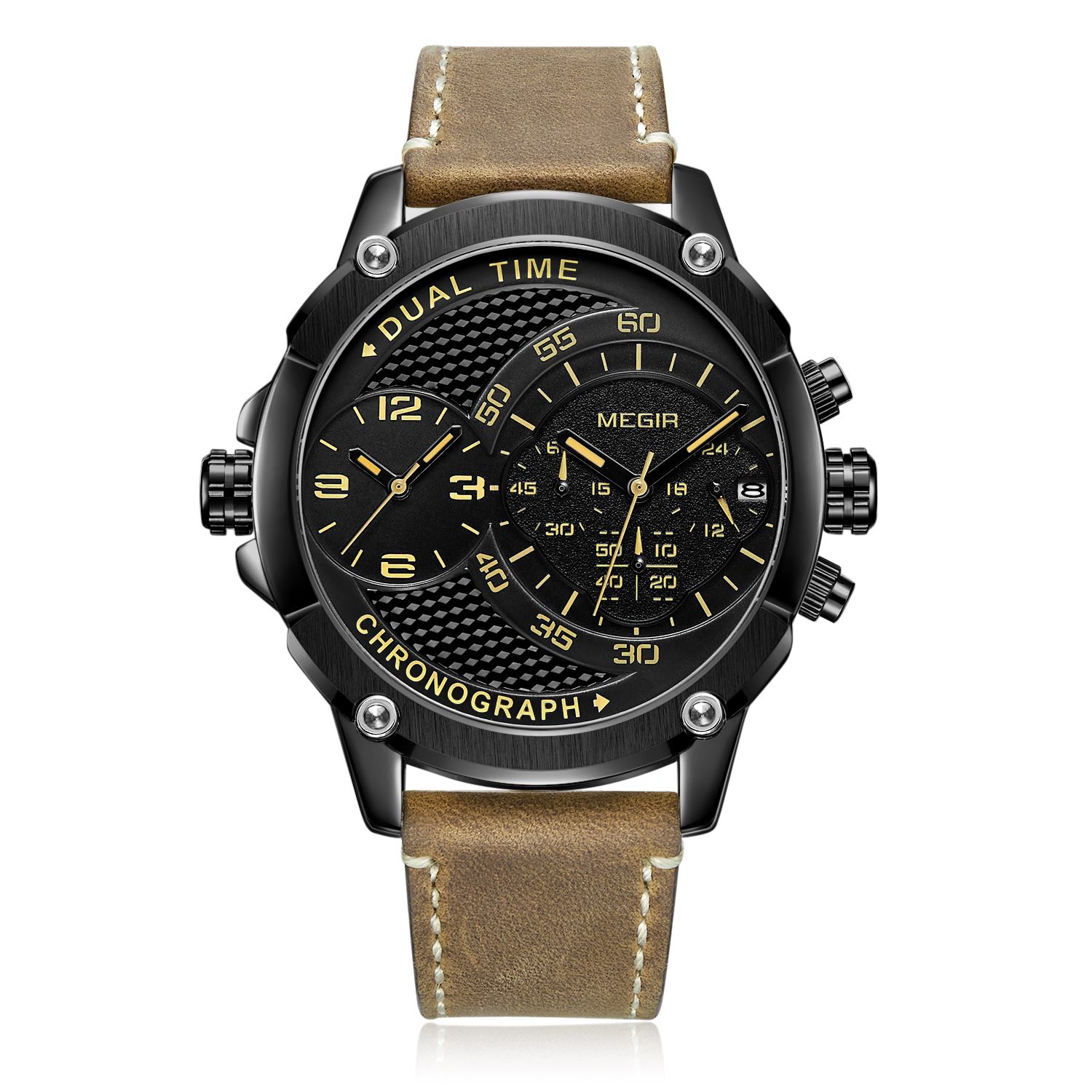 MEGIR Men's Casual Chronograph Luxury Leather Strap Quartz Sport Wristwatch Clock Waterproof Man Business Watches Reloj Hombre