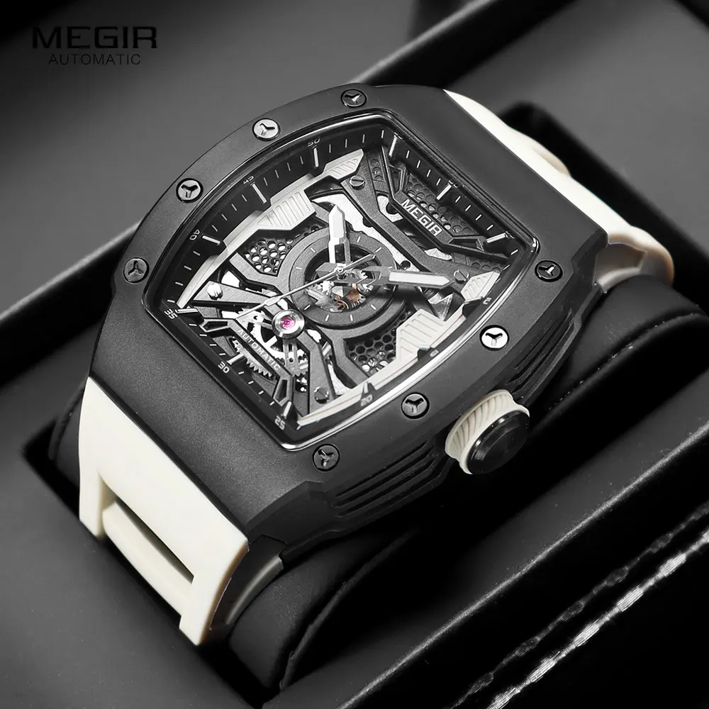 MEGIR 8604 Men's Wine Barrel Automatic Mechanical Watch Fashion and Leisure Silicone Strap Fashion Night Light Watches for Man