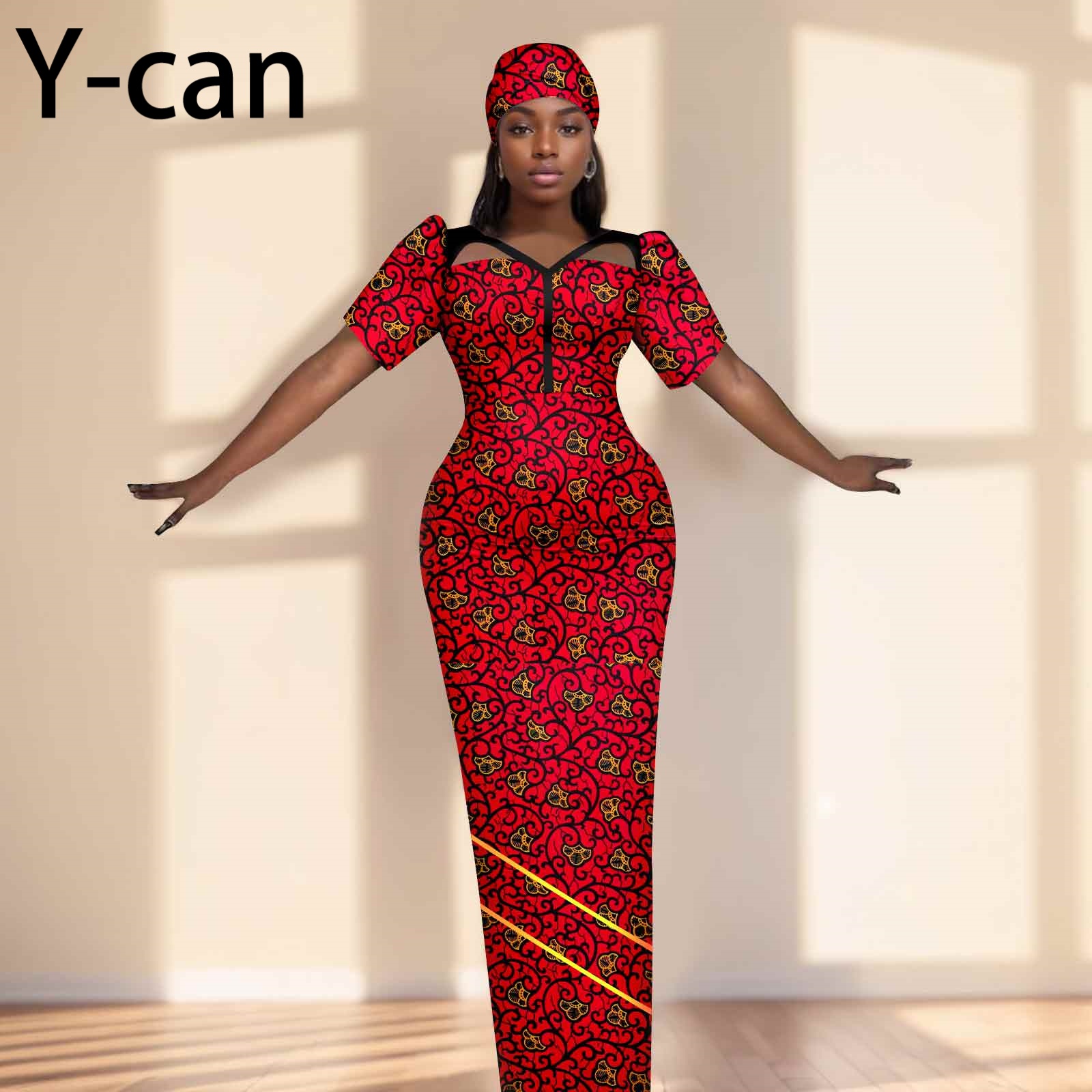 Party Gown African Dresses for Women Slim Fit Short Sleeve Dress Evening Vestidos with Headwrap Dashiki Ankara Print 2525071
