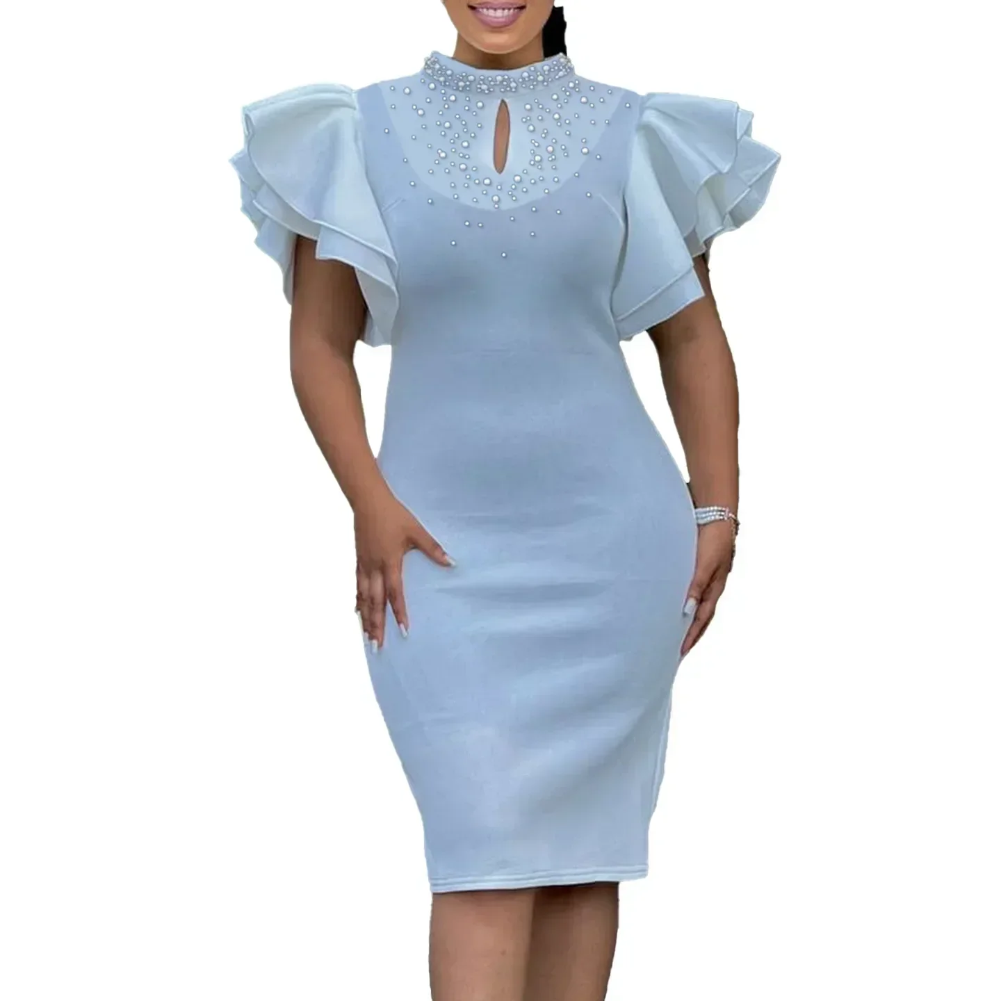 Elegant Women Party Evening Dresses Ruffle Sleeve Bodycon Midi Robe Office Ladies Overalls African Dashiki Ankara Clothing 2025