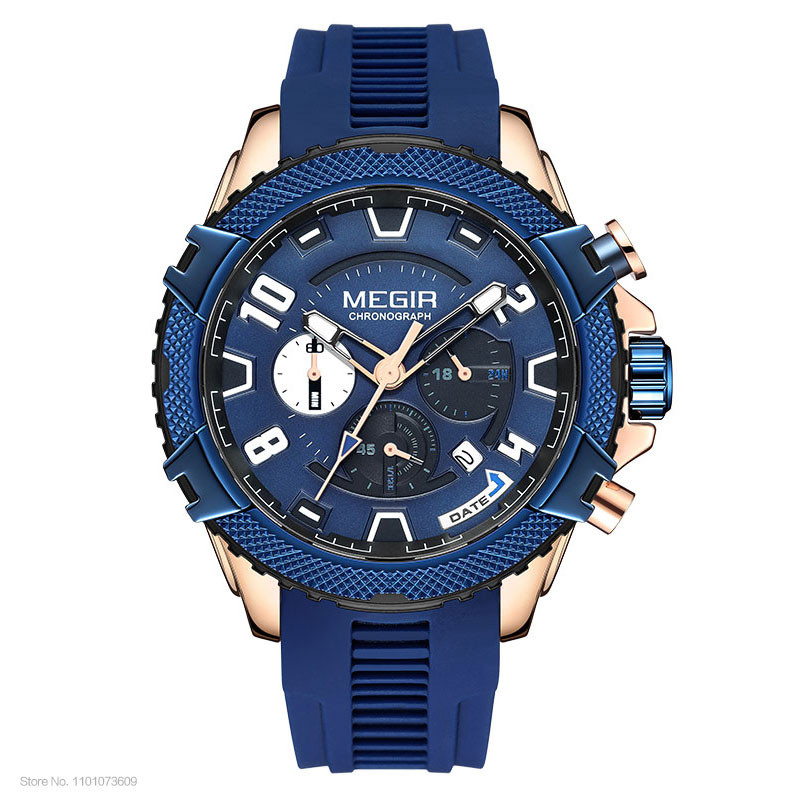 MEGIR Quartz Watch for Men Fashion Blue Silicone Strap Chronograph Analog Wristwatch with Date 24-hour Display 3atm Waterproof