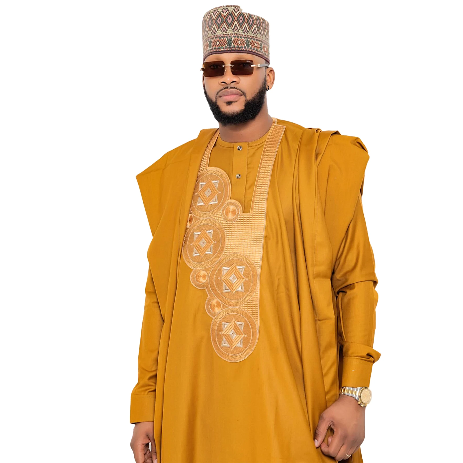 African Clothing For Men Traditional Bazin Riche Embroidery Design Top Long Sleeve 3 Piece Set