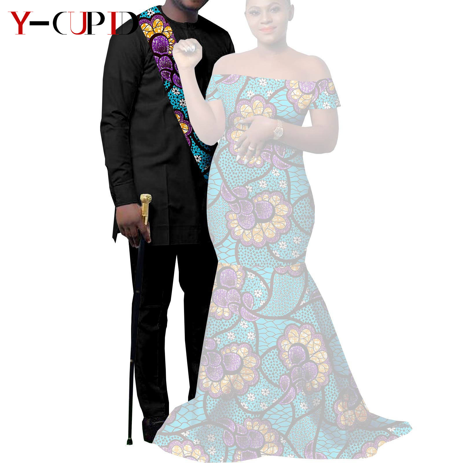 African Clothes for Couples Bazin African Print Long Dresses for Women Match Men Outfits Dashiki Top and Pants Sets Y22C023