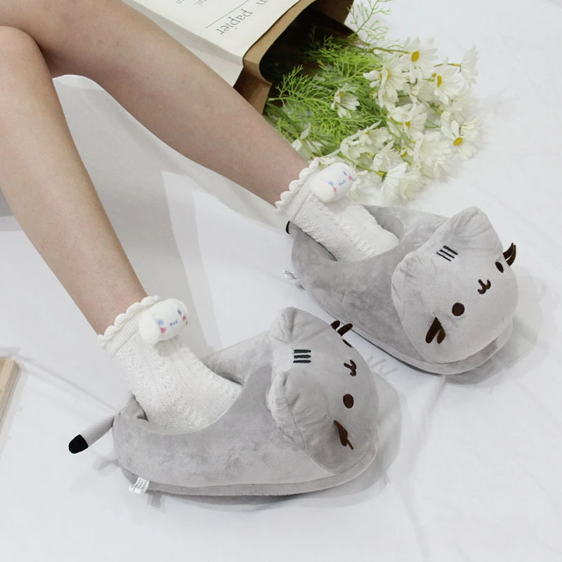 Cartoon Full Covered Cat Slippers Warm Winter Slides Soft Plush Doll Indoor Cute Anime Bedroom Shoes  Home Use