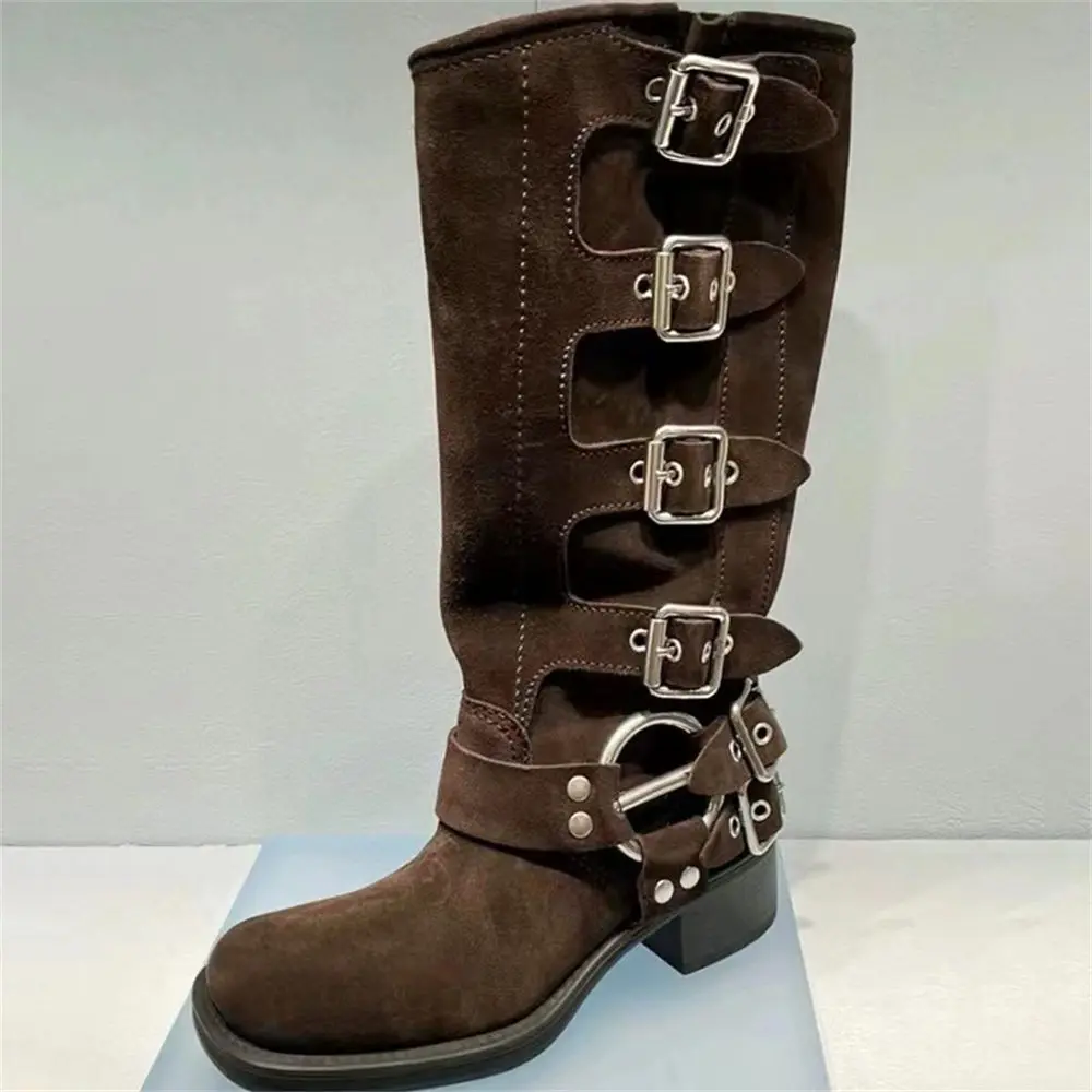 Brand New Wasteland Vintage y2k Motorcycle Boots Maillard style Brown Buckle Belt Straps Knee High Boots Women Cowboy Boot Shoes