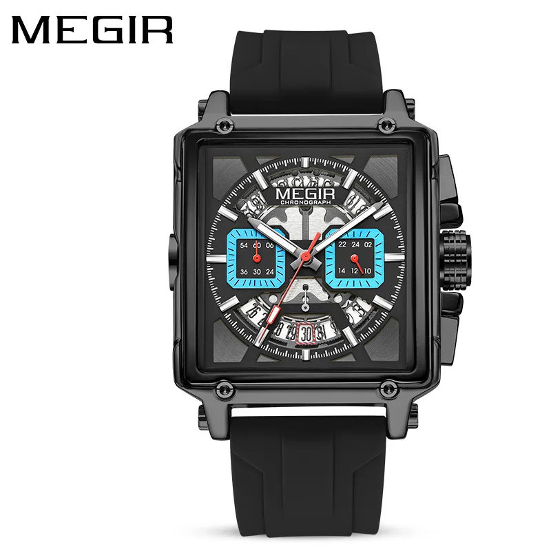 MEGIR 2233 Fashion Silicone Strap Luxury Square Watch Men's Watch Disc Quartz Chronograph Calendar Waterproof Watches for Men