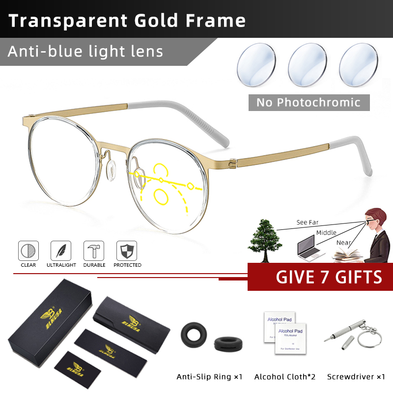 BLMUSA Vintage Round Optical Frame Anti Blue Light Reading Glasses for Men Ultralight Titanium Progressive Photochromic Glasses