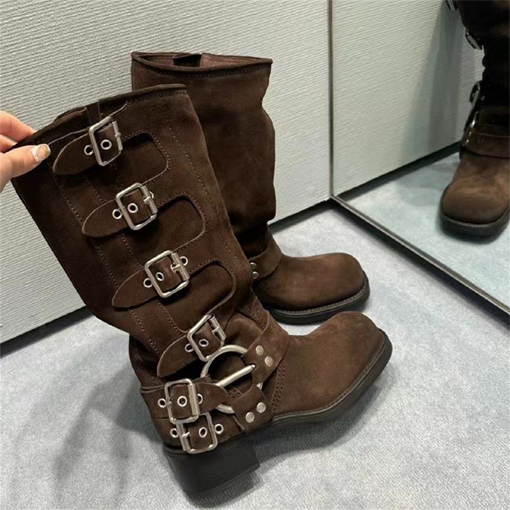 Brand New Wasteland Vintage y2k Motorcycle Boots Maillard style Brown Buckle Belt Straps Knee High Boots Women Cowboy Boot Shoes