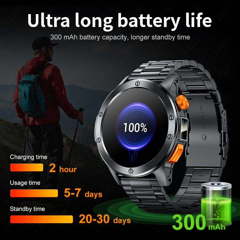 LIGE Fashion Smart Watch Men Voice Assistant Bluetooth Call Heart Rate Monitoring IP68 Waterproof LED Flashlight Men SmartWatch