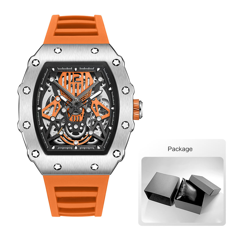 MEGIR 341 Fashionable Wine Barrel Type Men Automatic Mechanical Watch Hollow Sports Silicone Strap Waterproof Watches for Man