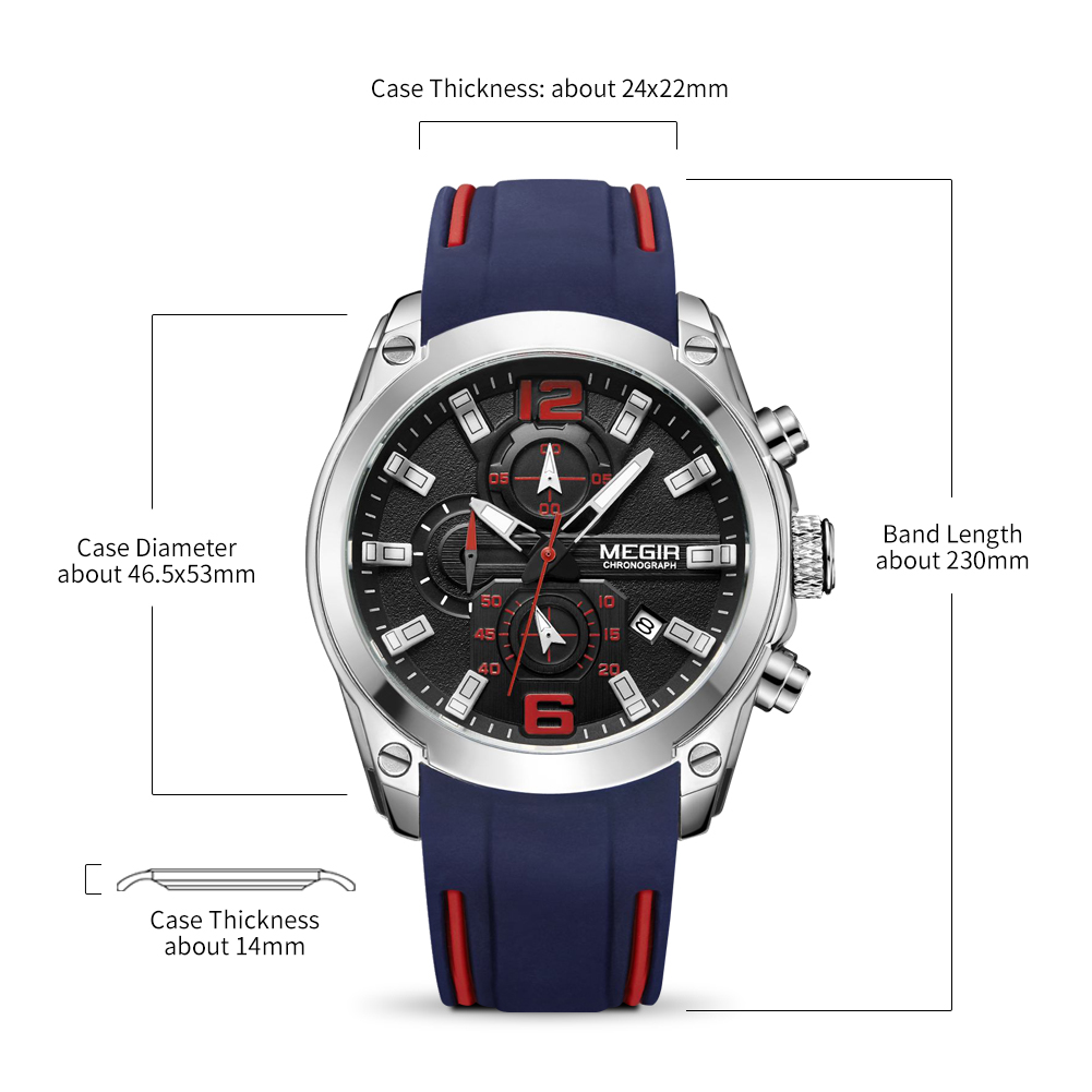 MEGIR Men's Sport Watch Silicone Strap Chronograph Quartz Military Waterproof Wristwatches Relogio Masculino Man Clock 2063