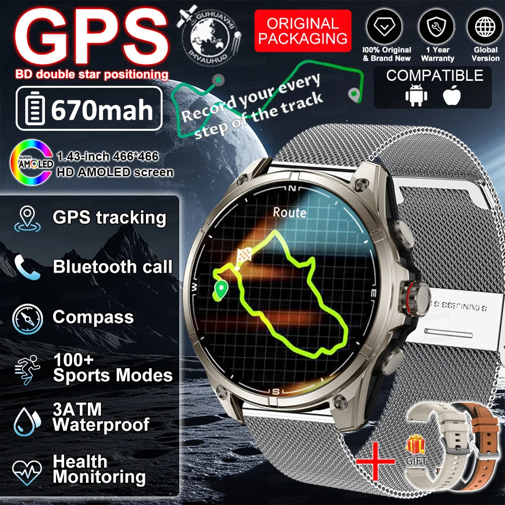 2026 GPS Smartwatch Outdoor Sports Waterproof Flashlight 1.43inch AMOLED Custom dial Call Compass Smart Watches For Android IOS