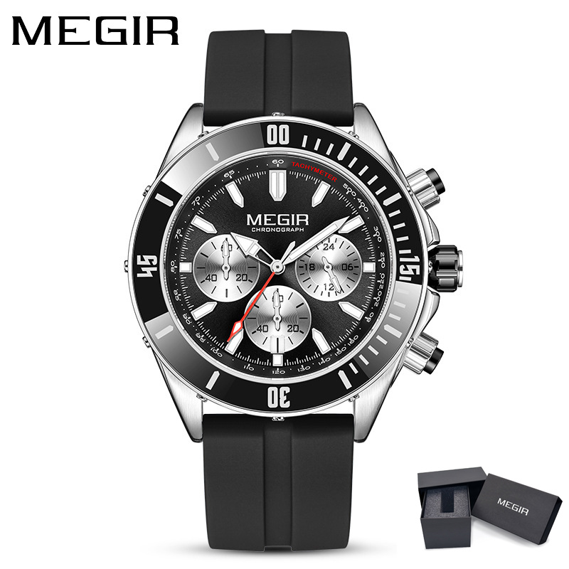 MEGIR 2226 Men Quartz Watch Silver Blue Black Business Chronograph Luminous Wristwatch with Stainless Steel Silicone Strap