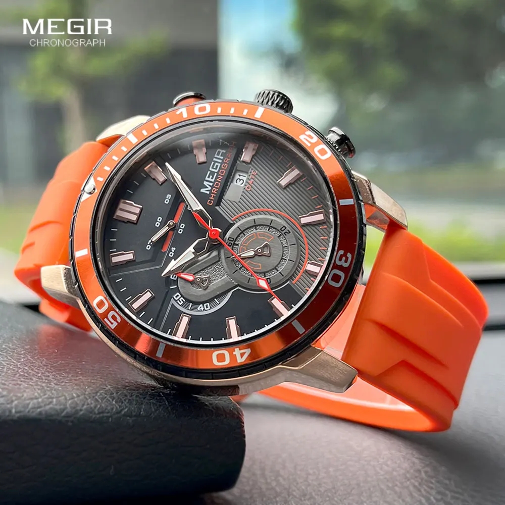 MEGIR 2224 Men Quartz Watch Sport Fashion Creative Cool Orange Silicone Strap Chronograph Luminous Date Wristwatch for Male