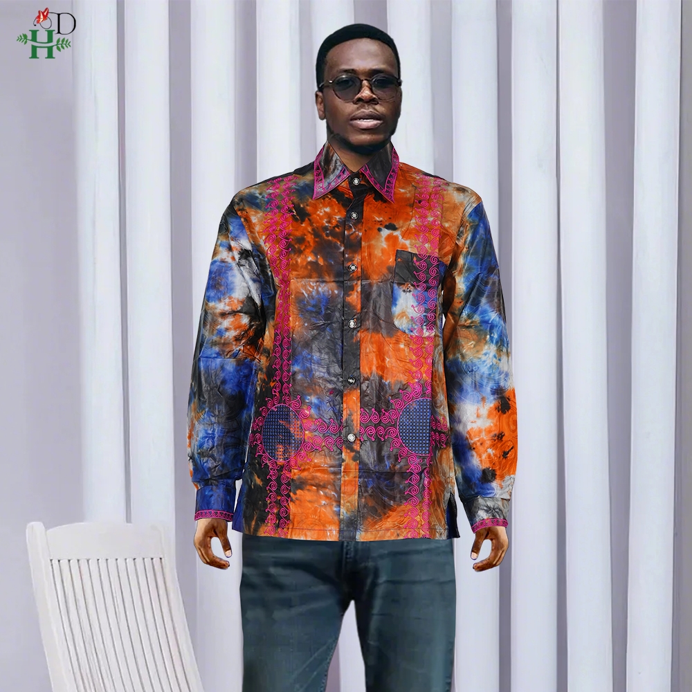 H&D African Mens Clothing Traditional Ankara Dashiki Men Shirt Embroidery Shirt Fashion Print Bazin Blue 2024