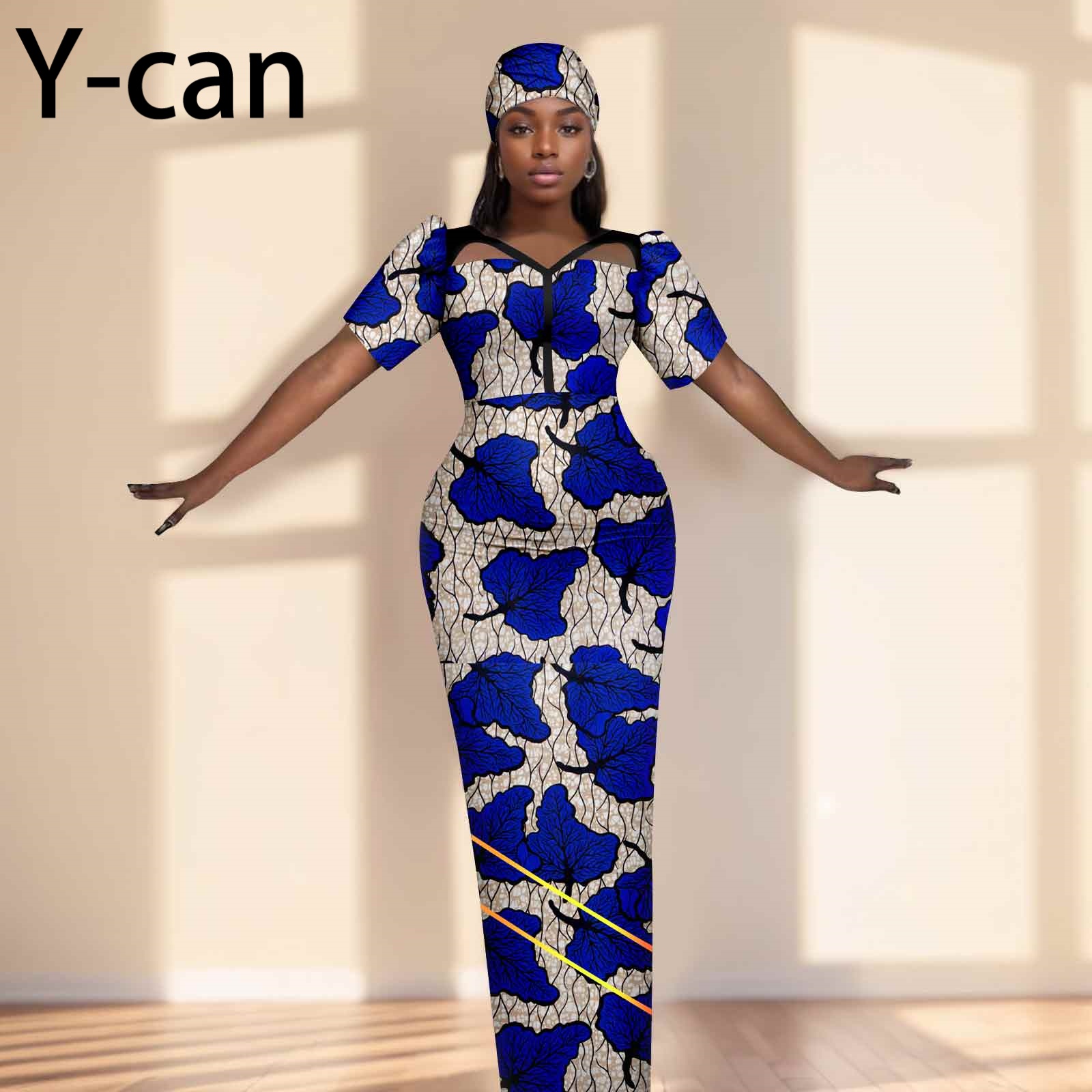 Party Gown African Dresses for Women Slim Fit Short Sleeve Dress Evening Vestidos with Headwrap Dashiki Ankara Print 2525071