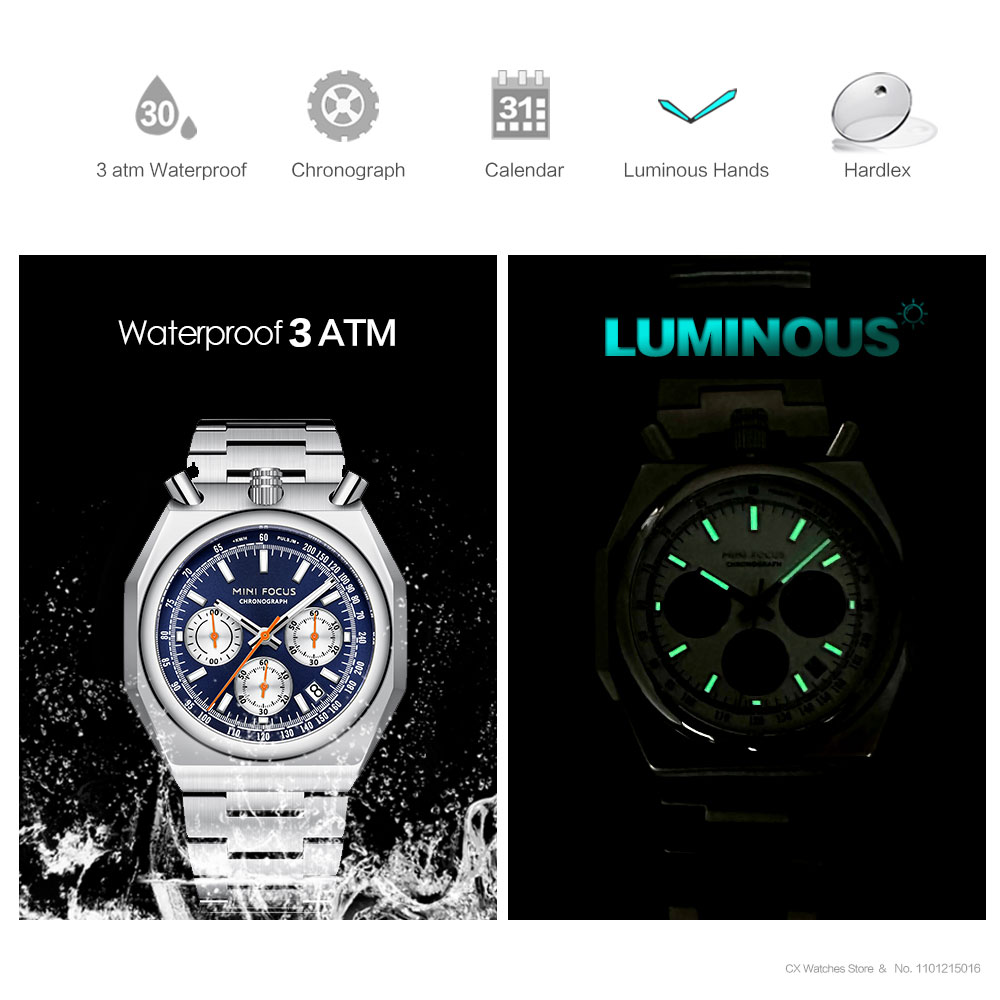 MINI FOCUS Chronograph Quartz Watch for Men Fashion Waterproof Luminous Wristwatch with Calendar Stainless Steel Strap 0601