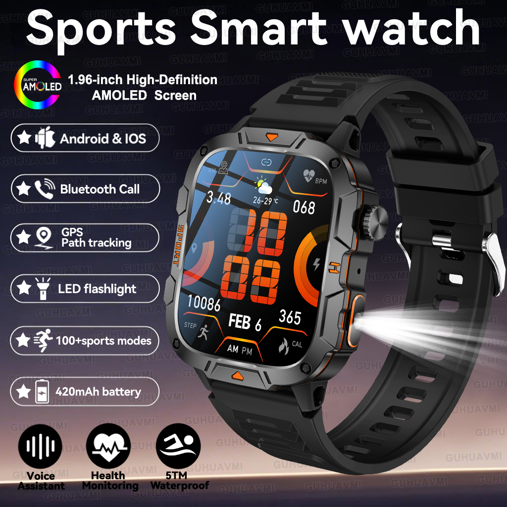 2025 For Xiaomi Outdoor Sports Smart Watch GPS trackr 5ATM Flashlight 1.96" HD Display Screen Bluetooth call Men Fitness Watches