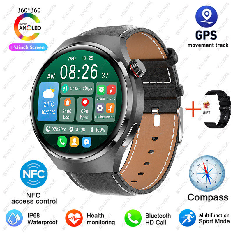 2025 New Watch 4 Pro GPS NFC Smart Watch Men 360*360 AMOLED Screen Heart Rate Bluetooth Call Waterproof Sports Man Smartwatch