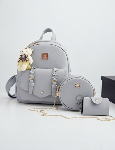 3-in-1 Grey Fashion Backpack Set with Bear Charm