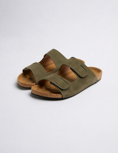Olive Green Suede Slide Sandals with Cork Sole