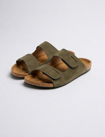 Olive Green Suede Slide Sandals with Cork Sole