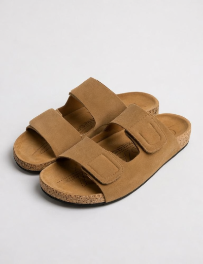 Olive Green Suede Slide Sandals with Cork Sole