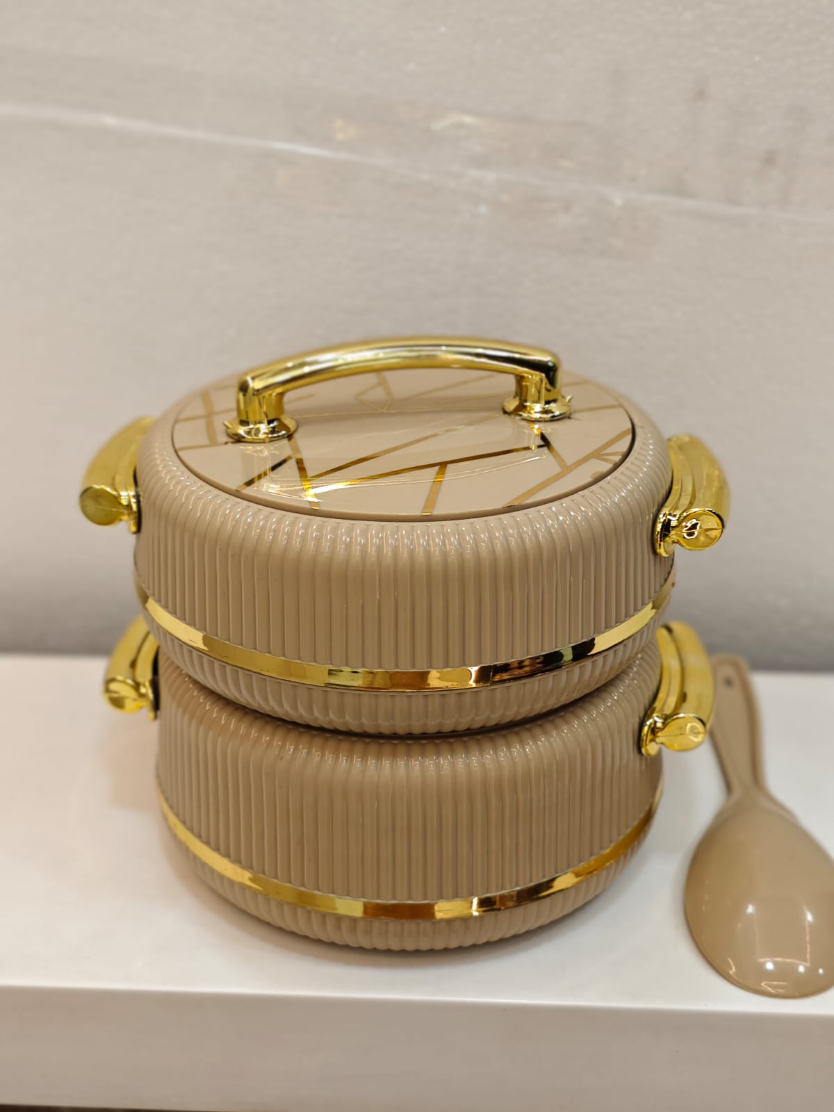 Beige & Gold Two-Tier Bento Box with Spoon