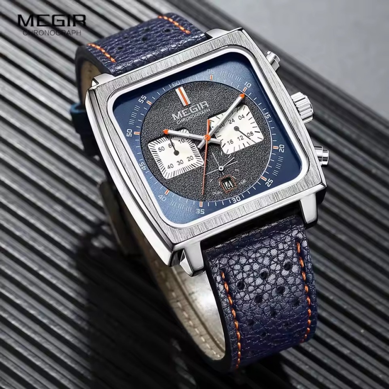 MEGIR 2182 Blue Black Square Dial Men's Casual Sports Leather Strap Date Waterproof Night Light Retro Design Men's Quartz Clock