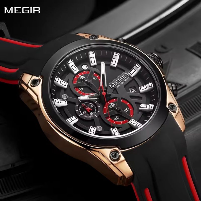 MEGIR 2144 Men's Watch Top Brand Luxury Sports Military Watch Chronograph Night Light Date Silicone Strap Men's Quartz Clock
